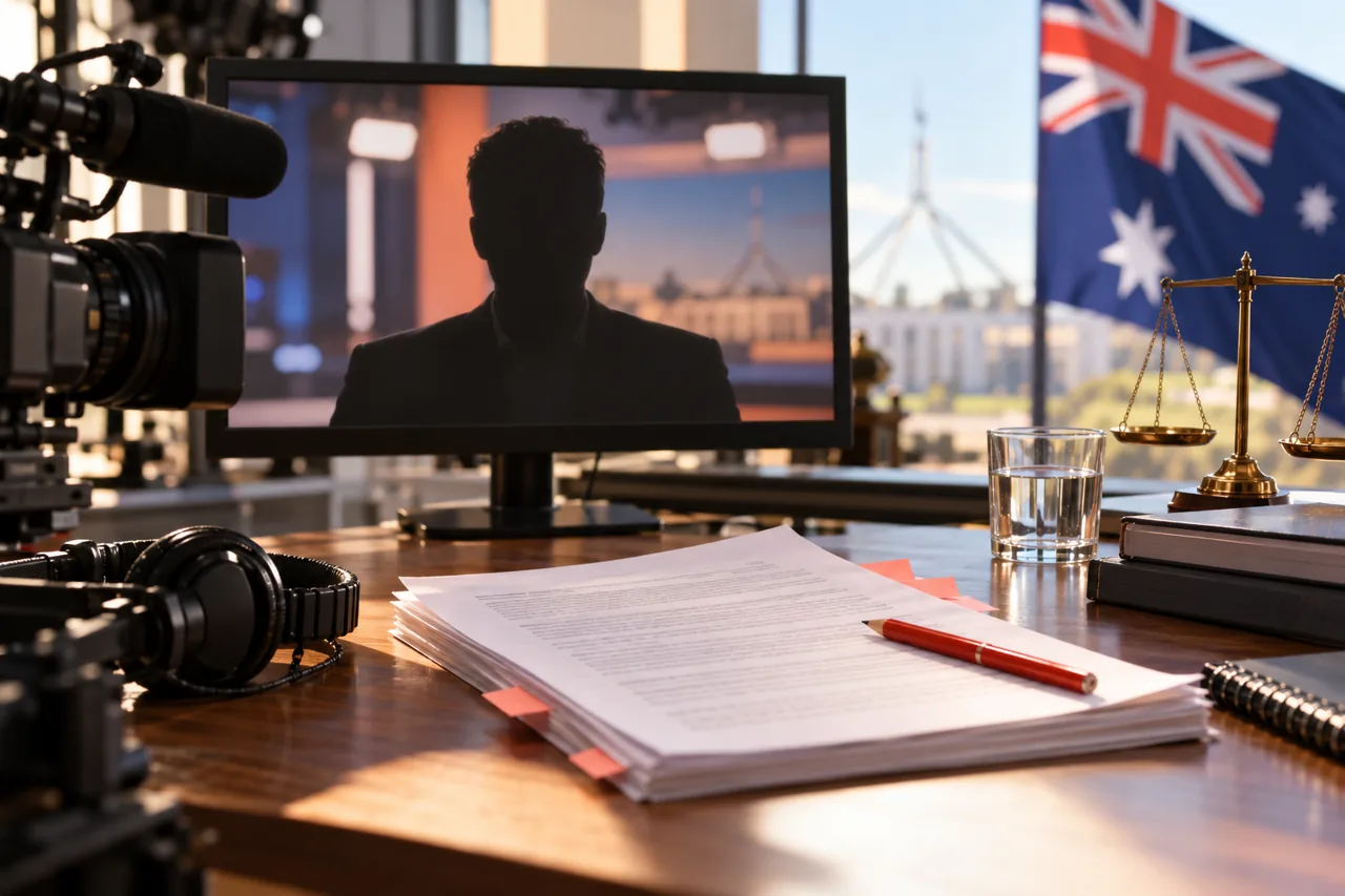 Editorial illustration: broadcast monitor with an anonymous silhouette beside policy documents and a red editing pencil
