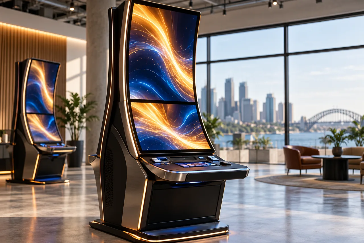 Editorial illustration: dual-display gaming cabinet in a bright industrial design showroom