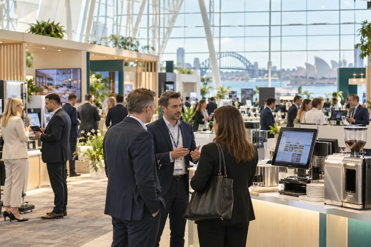 Editorial illustration: professional hospitality and gaming technology exhibition in a bright Sydney convention hall