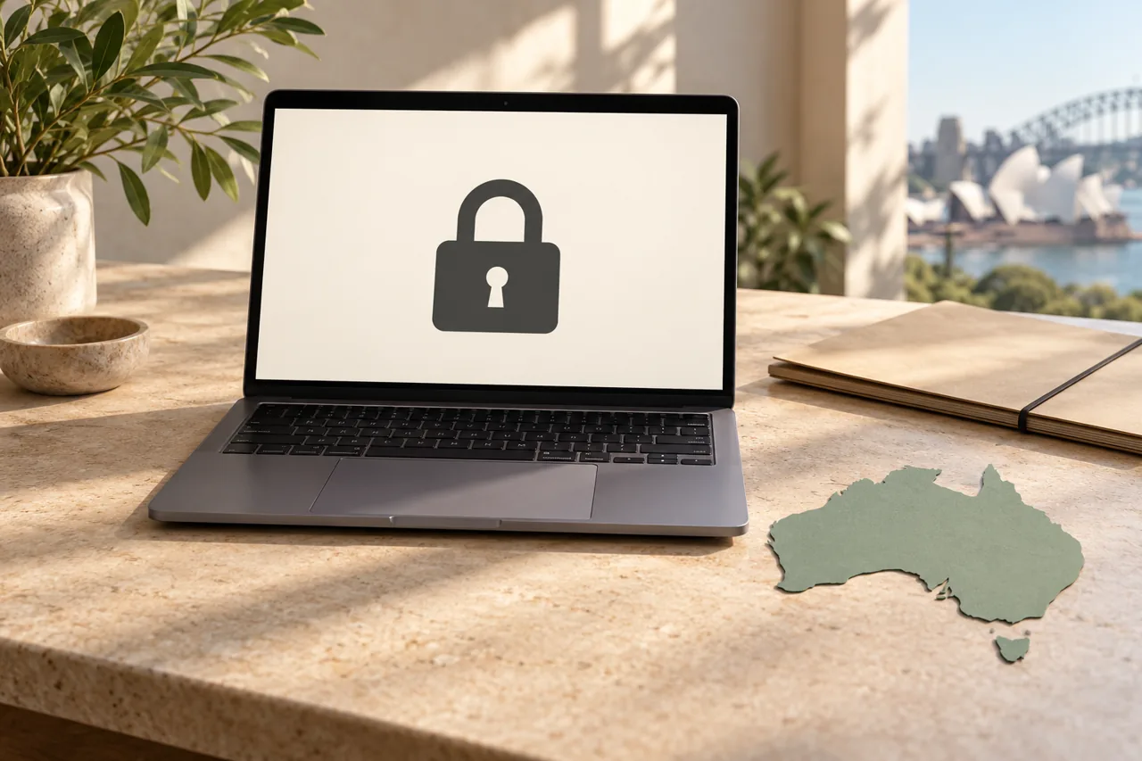 Editorial illustration: laptop displaying a padlock beside documents and a paper silhouette of Australia