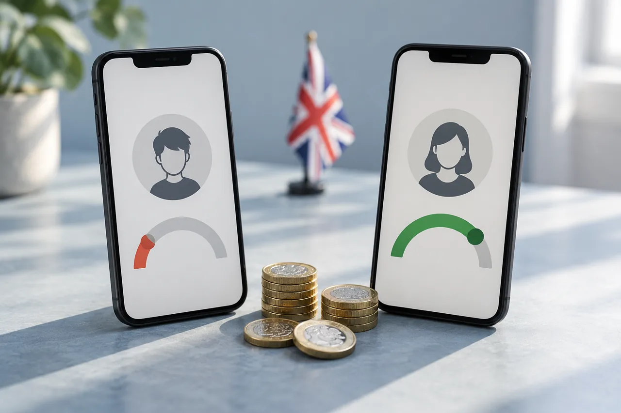 Editorial illustration: two phones with different abstract limit indicators beside British coins and a small Union Jack