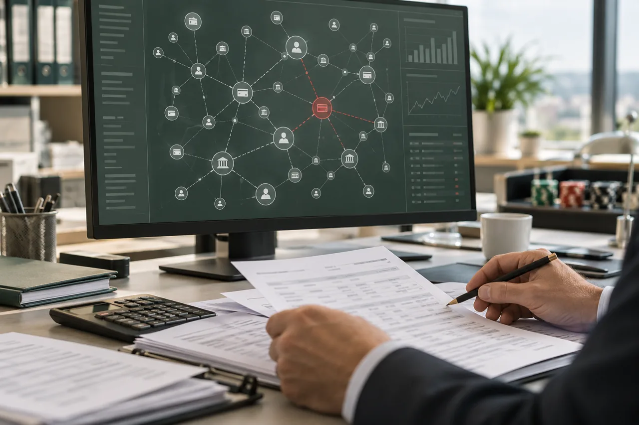Editorial illustration: compliance analyst reviewing records beside a transaction-monitoring screen