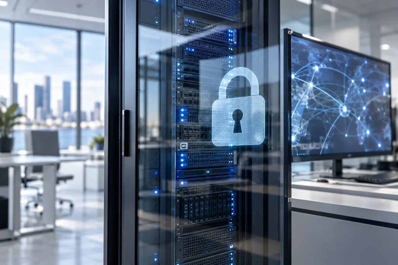 Editorial illustration: secure server rack and network monitor behind glass with a padlock reflection