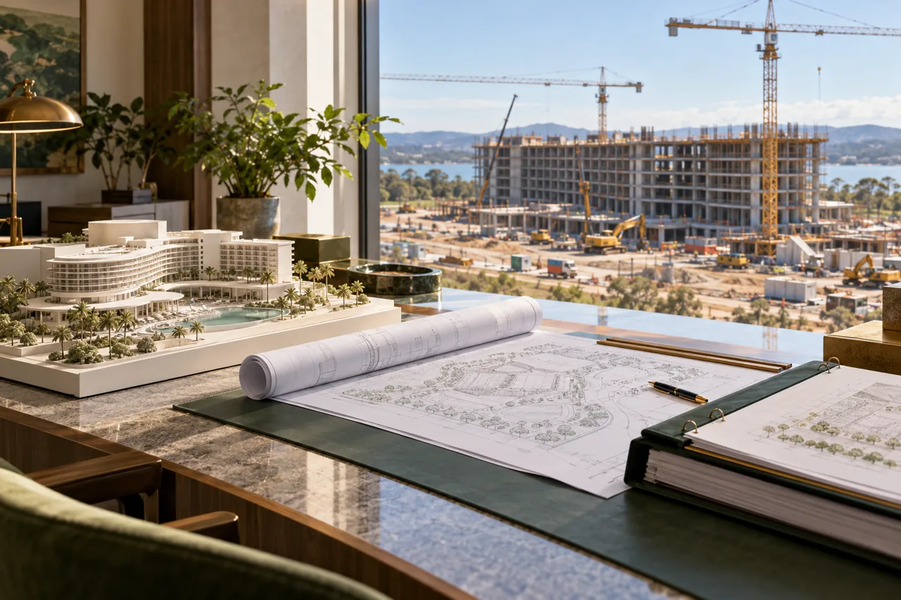 Editorial illustration: architectural model and planning documents beside a window overlooking a construction site