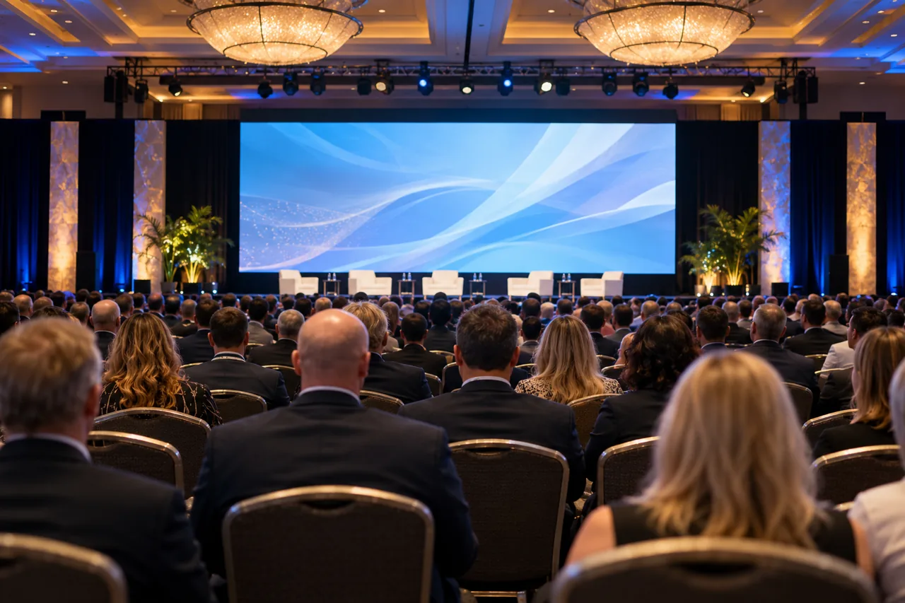 Editorial illustration: adult business audience facing a presentation stage in a trade-conference auditorium