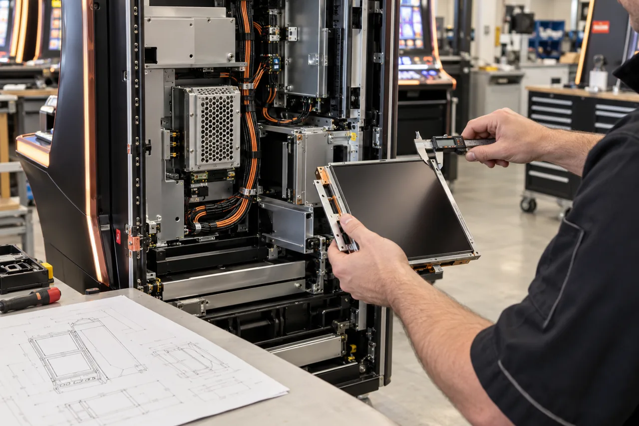 Editorial illustration: technician inspecting modular components behind an open gaming-cabinet service panel