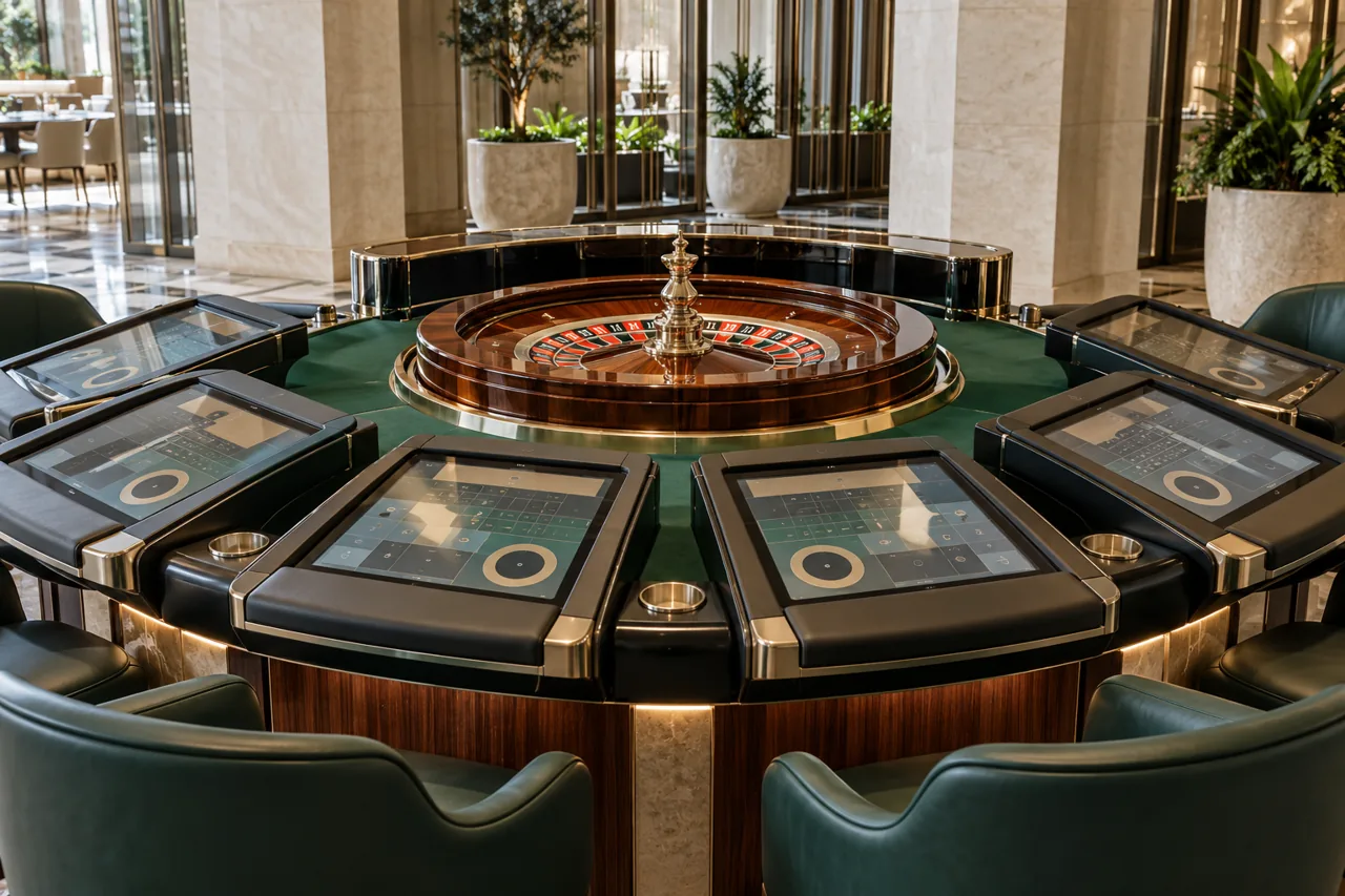 Editorial illustration: physical roulette wheel connected to a semicircle of individual electronic table terminals
