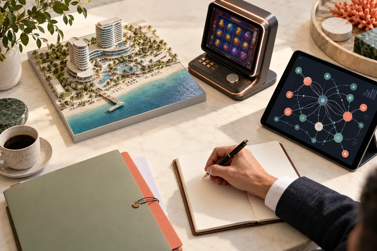 Editorial illustration: research desk with a display prototype, resort model, network diagram and policy folder
