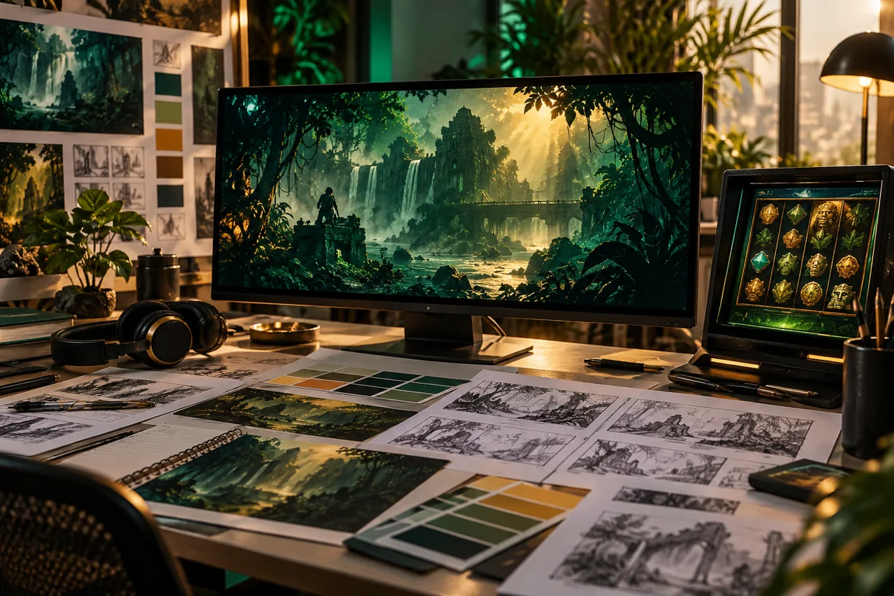 Editorial illustration: gaming-content design studio with cinematic jungle artwork, storyboards and a display prototype