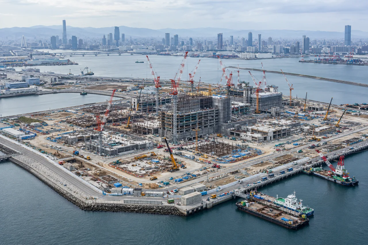 Editorial illustration: waterfront construction site in Osaka Bay with foundation grids and tower cranes