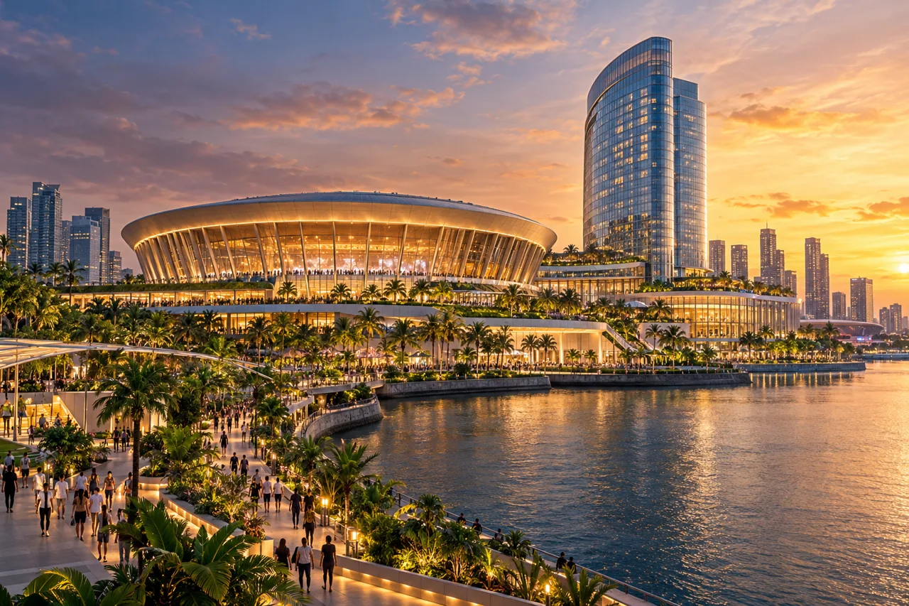 Editorial illustration: singapore waterfront development with a prominent arena, hotel tower and tropical gardens