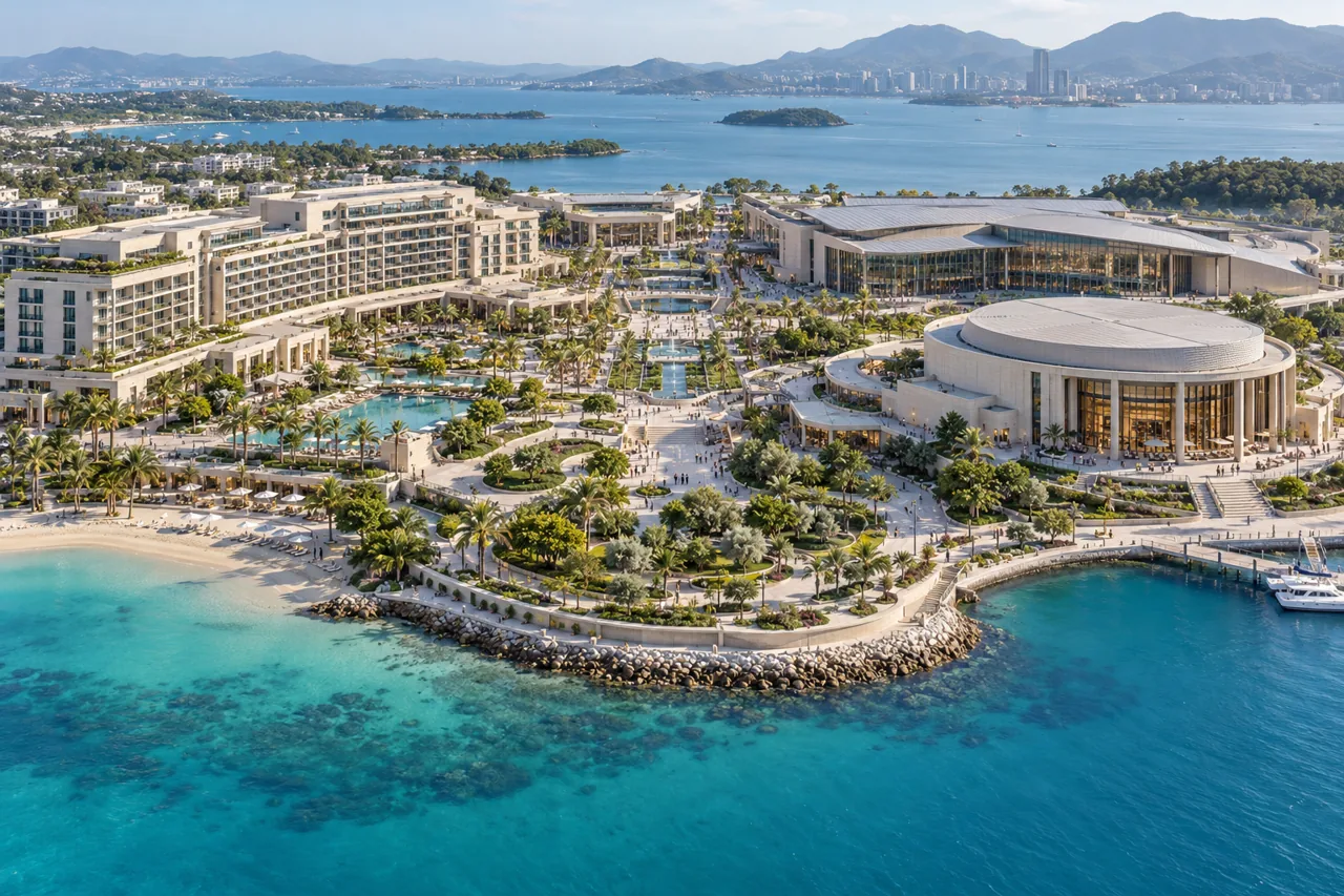 Editorial illustration: coastal integrated resort with hotels, a convention centre, public gardens and an entertainment venue