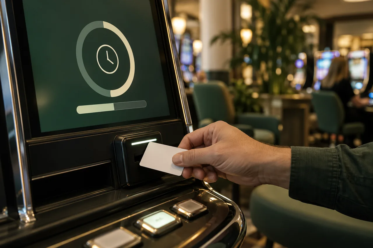 Editorial illustration: plain card held beside a card reader and an abstract pre-commitment time-limit display