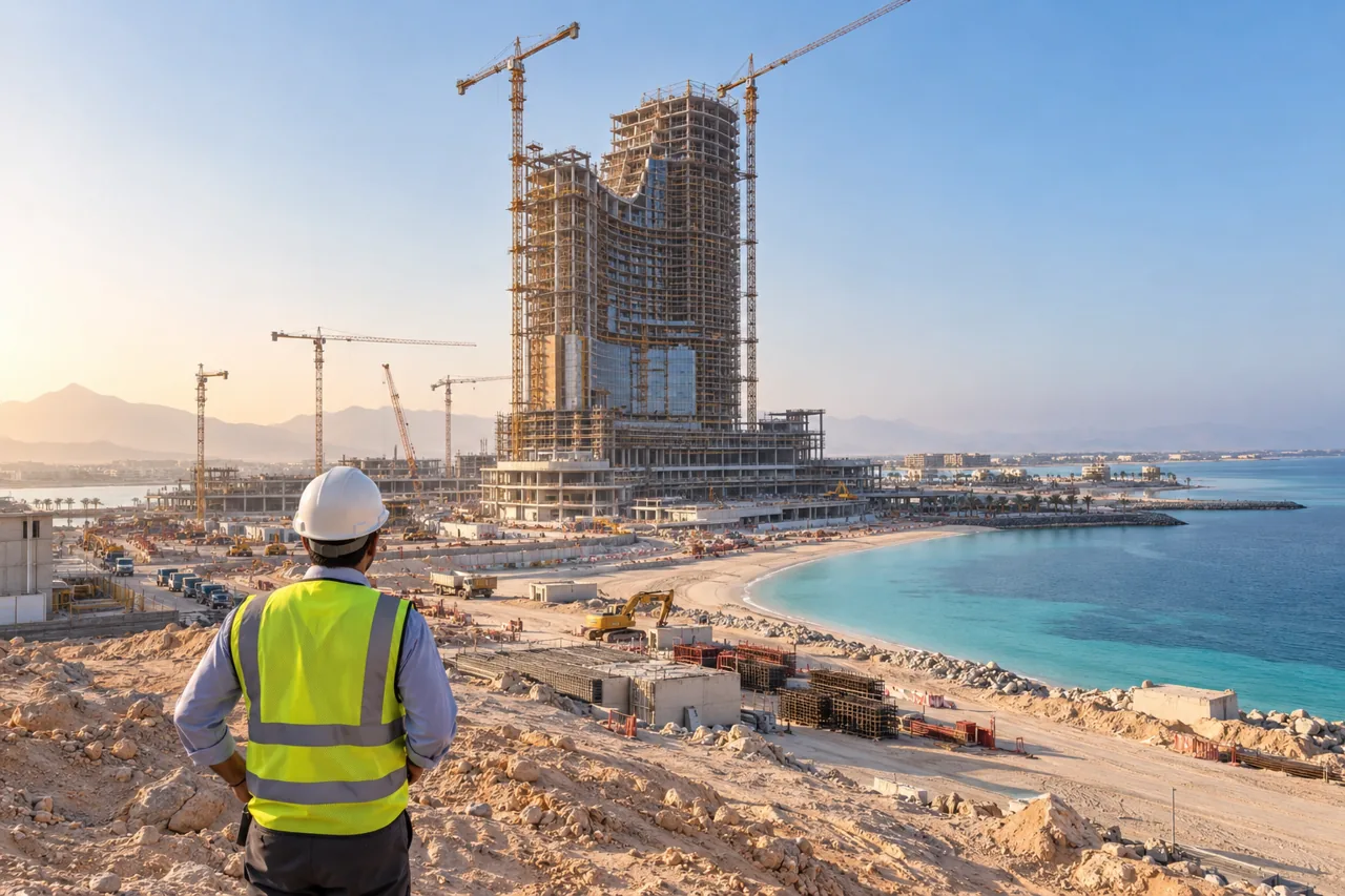 Editorial illustration: coastal resort construction site in a desert setting with a helmeted site supervisor